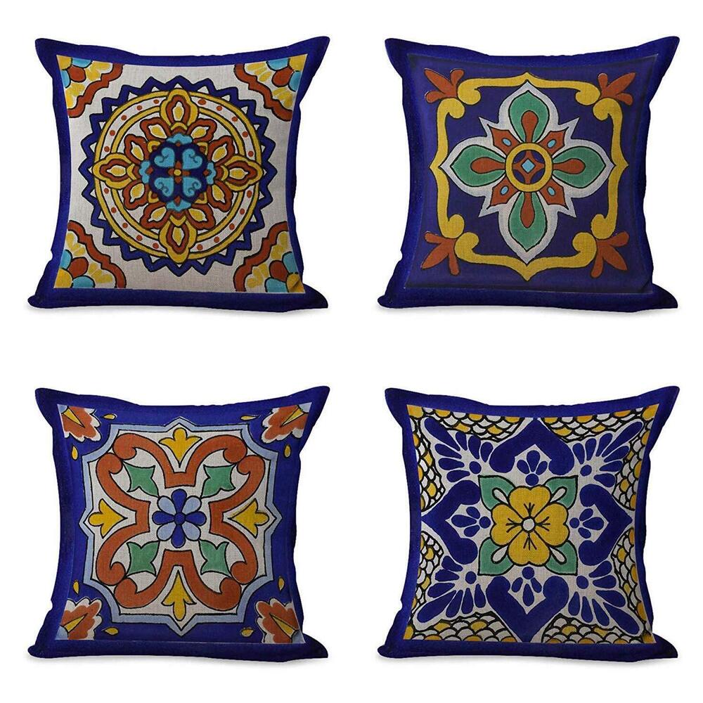 9072 Set of 4 Linen Throw Pillow Covers Spanish Talavera Exotic Geometry